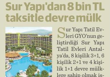 Sur Yapıdan 8 bin TLlik taksitle devremülk